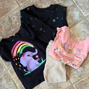 Kids' Colorful Graphic T-Shirts Set. Black sweat shirt is size 4-5T